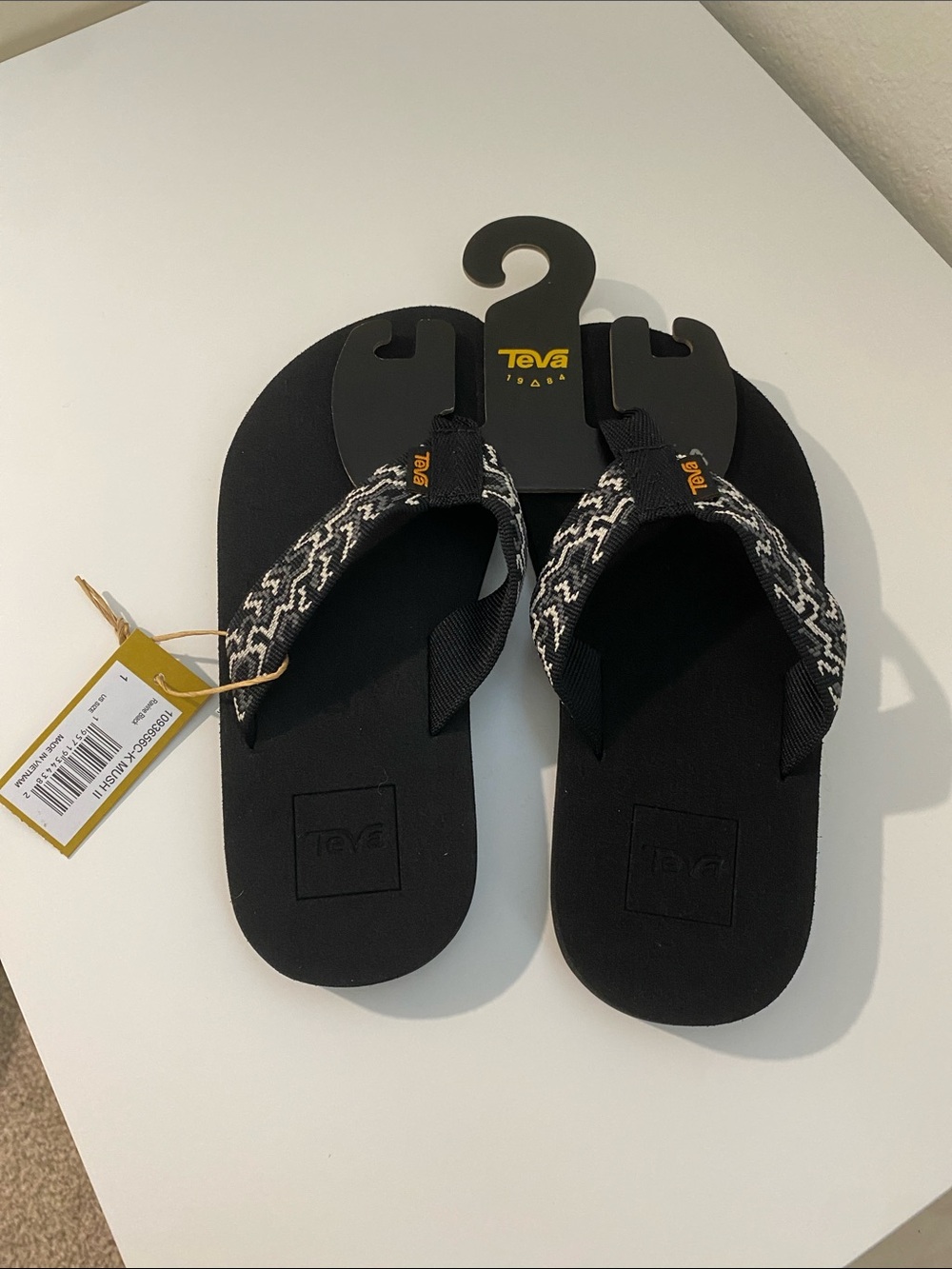 Teva Kids Mush II Black Flip Flops with White Patterned Straps
